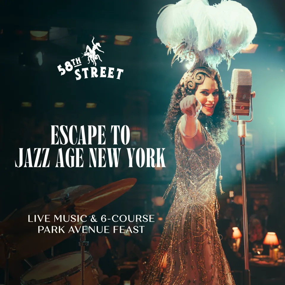 Woman in sequined gold dress in 58th Street at Belle Livingstone's 58th Street Country Club