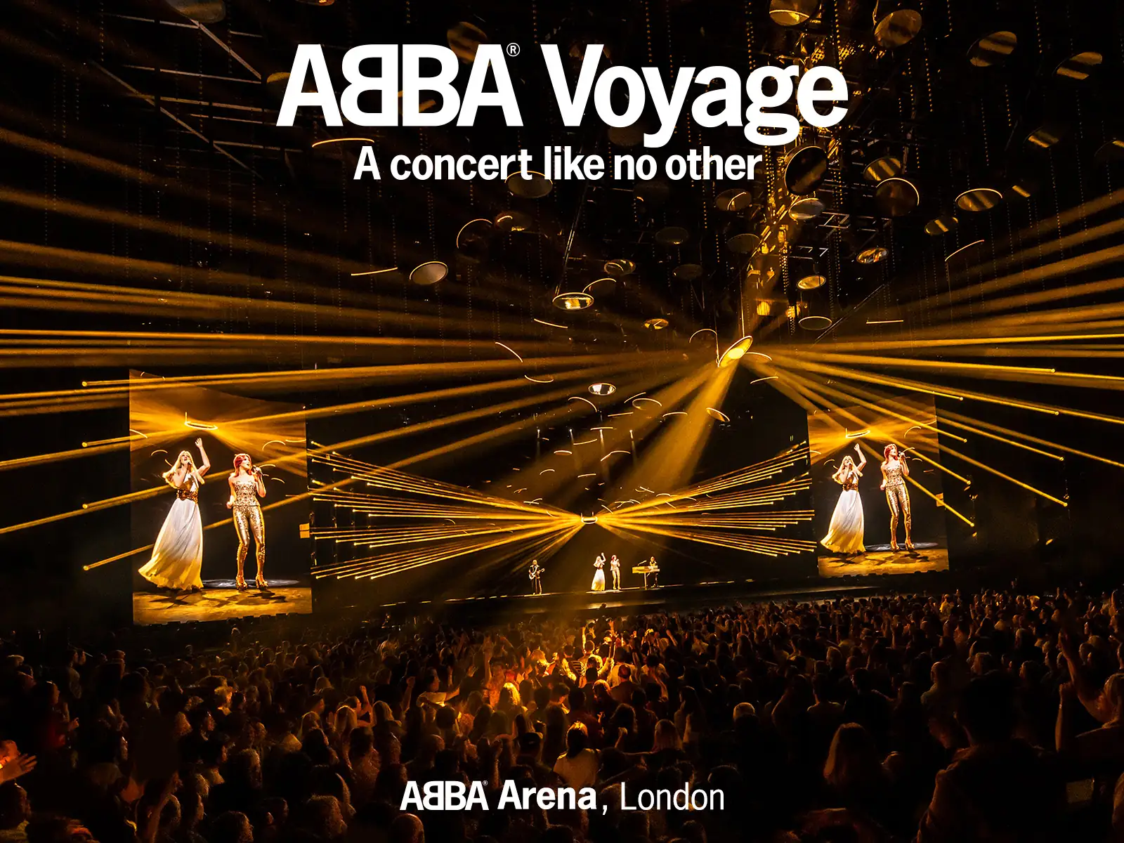 Wide ABBA Voyage logo artwork with gold lasers over a full arena, ABBA Arena
