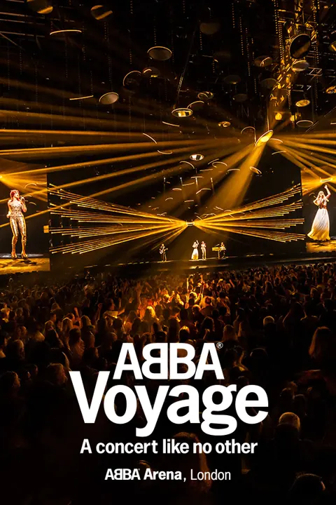 The ABBA Voyage logo over the golden-lit arena, ABBA Arena