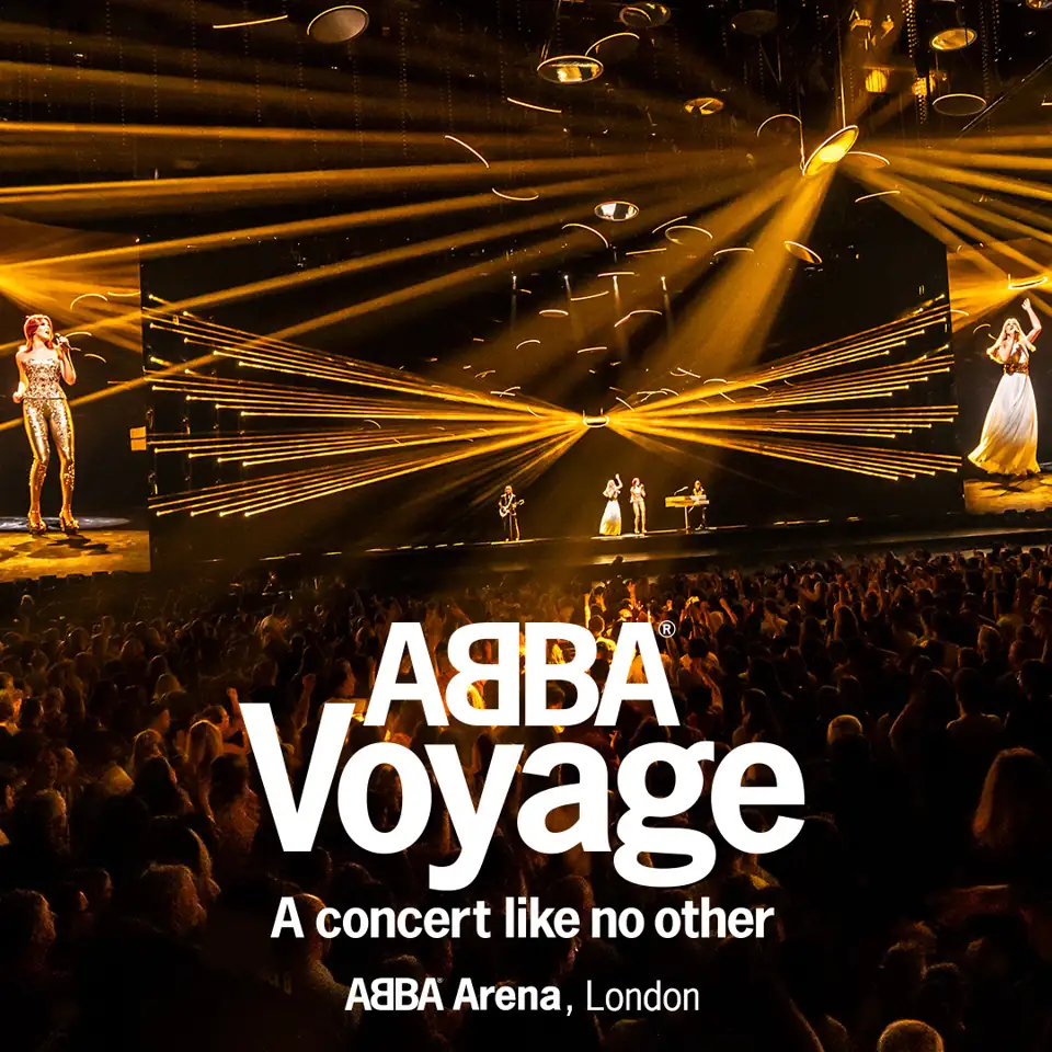 Square ABBA Voyage logo poster with golden beams over the audience, ABBA Arena
