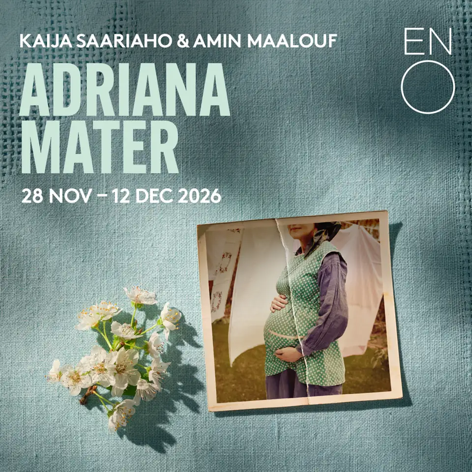 Pregnant woman in green waistcoat in Adriana Mater - English National Opera at London Coliseum