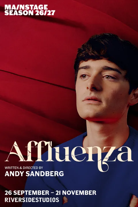 Poster for Affluenza at the Riverside Studios, featuring a person in blue against a red background.