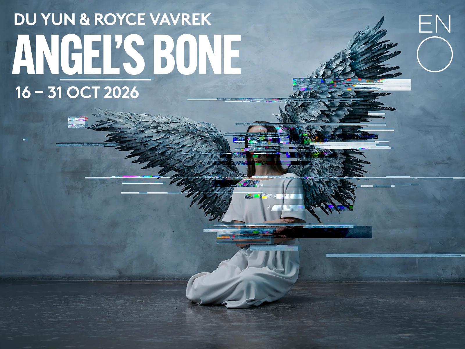 Winged figure kneeling in Angel's Bone - English National Opera at London Coliseum