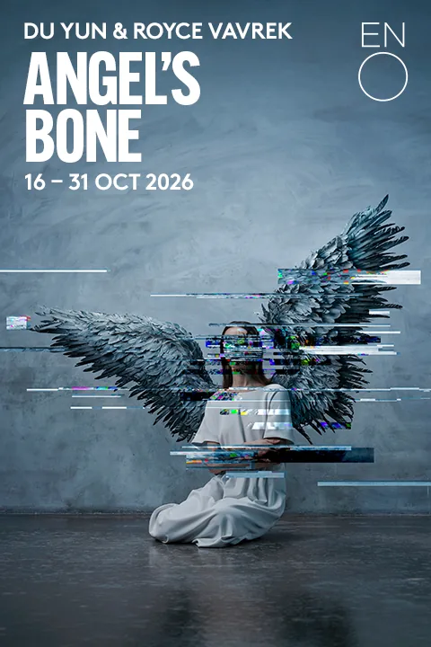 Figure with large black wings in Angel's Bone - English National Opera at London Coliseum