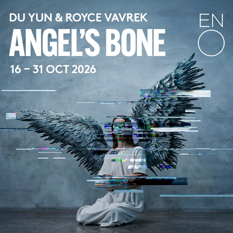Sculptural bust with black wings in Angel's Bone - English National Opera at London Coliseum