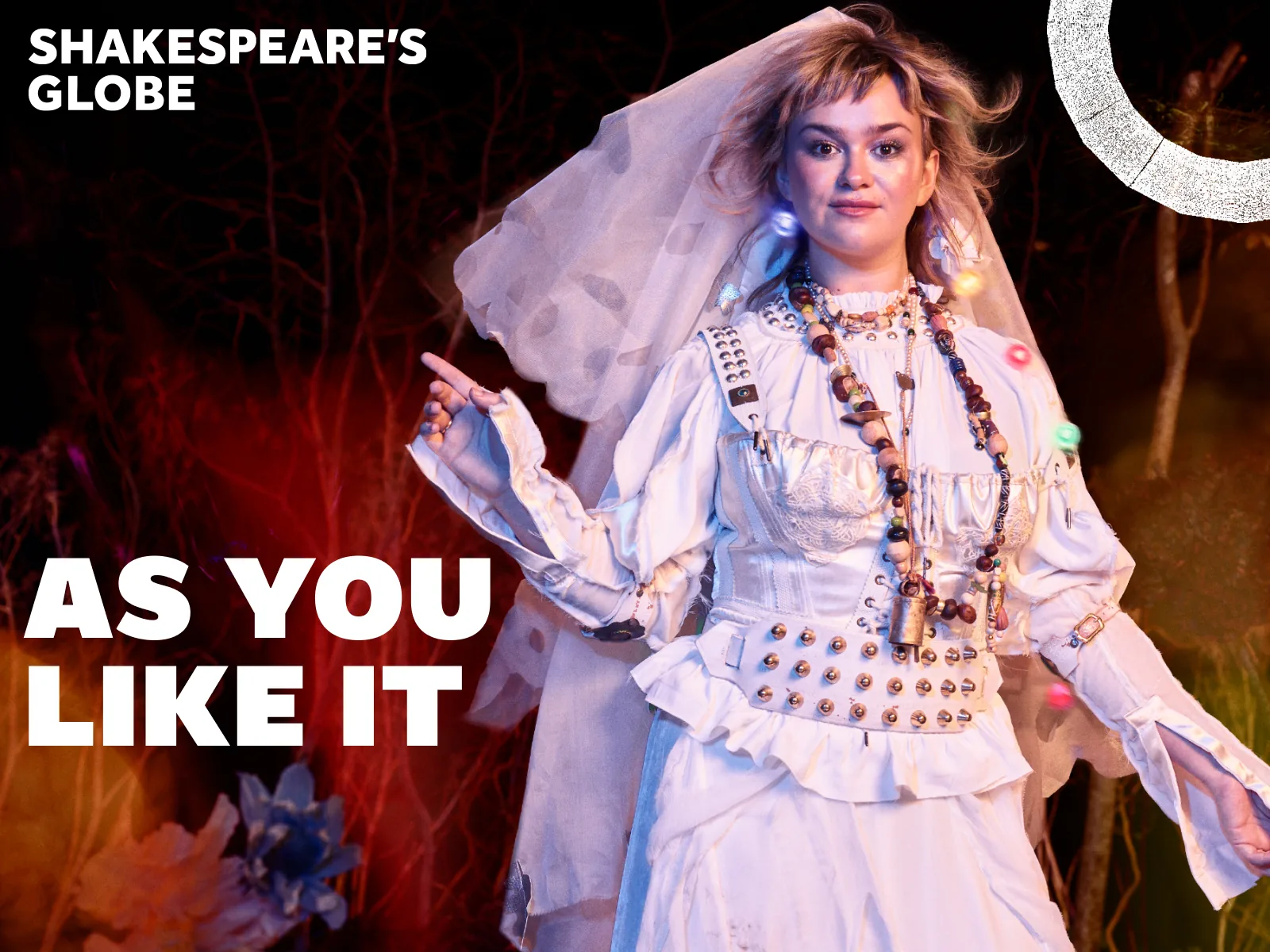 Performer in white gown stands in As You Like It - Globe at the Globe Theatre