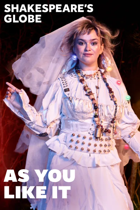 Performer in white Elizabethan costume in As You Like It - Globe at the Globe Theatre
