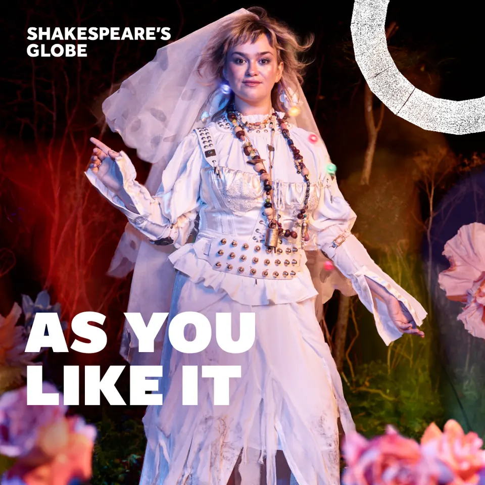 Performer in white Elizabethan costume in As You Like It - Globe at the Globe Theatre