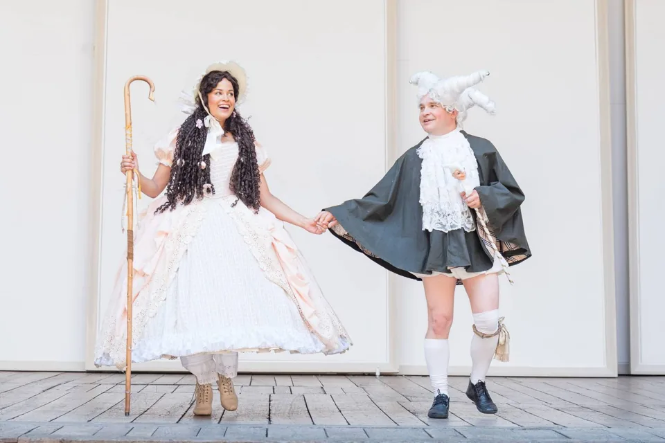 Touchstone the fool hand in hand with a shepherdess, As You Like It, the Globe