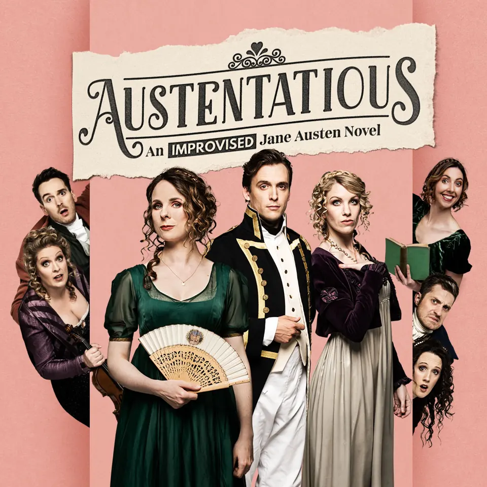 Ensemble cast in Regency-era costume against pink background in Austentatious at the Vaudeville Theatre