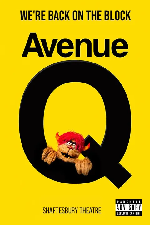 Avenue Q poster: a red-haired furry puppet peeps through a giant black Q, Shaftesbury Theatre