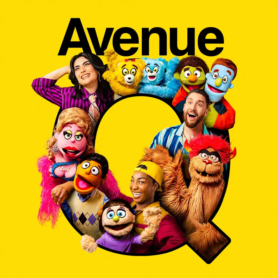 Avenue Q square poster: performers and puppets framed by a giant Q, Shaftesbury Theatre