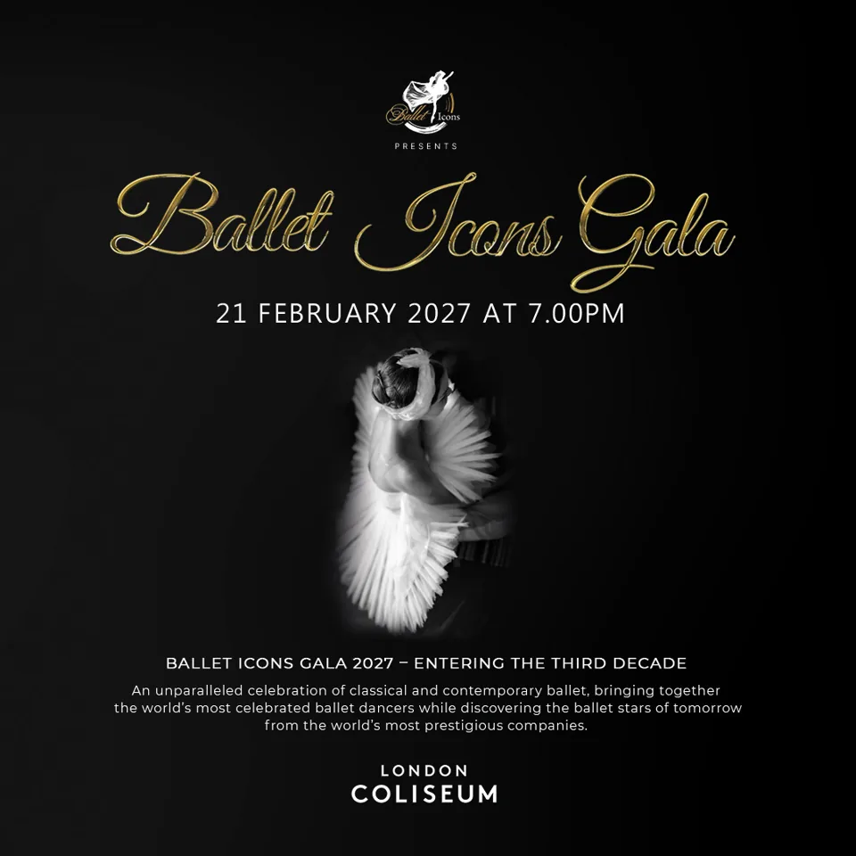 Ballet Icons Gala poster featuring a ballet dancer in classical pose, London Coliseum.