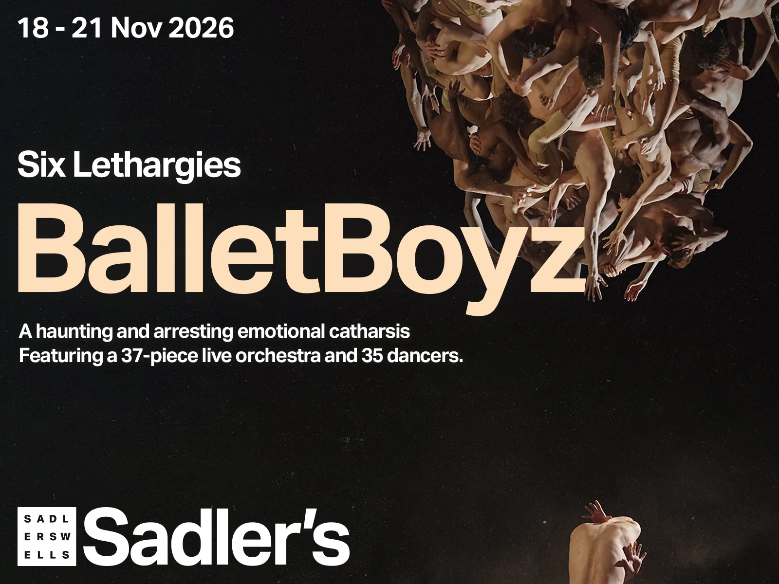 Balletboyz Six Lethargies poster showing intertwined dancers above a solitary figure, at Sadler's.