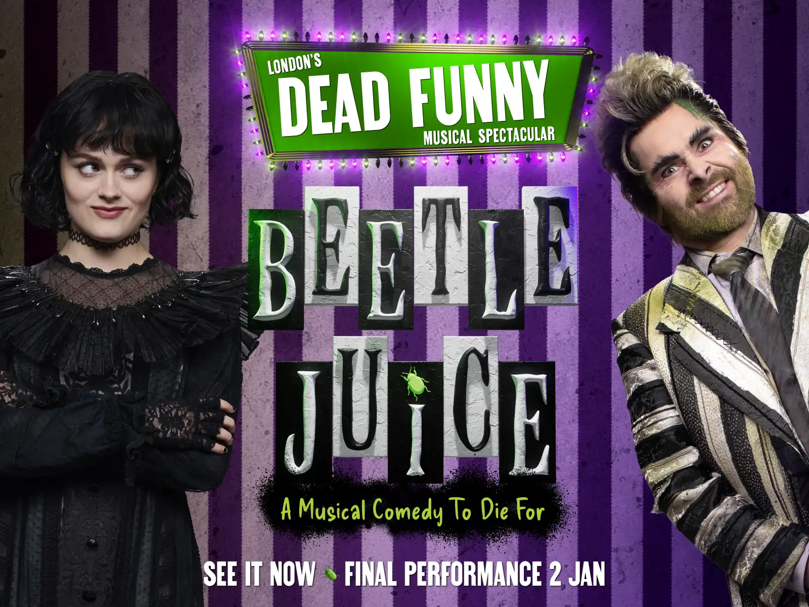 Wide Beetlejuice poster with a neon 'Dead Funny' sign and two characters, Prince Edward Theatre