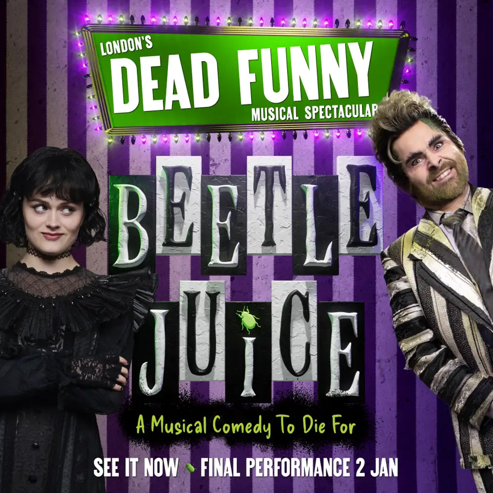 Square Beetlejuice poster: purple stripes, a neon sign and two ghoulish characters, Prince Edward Theatre