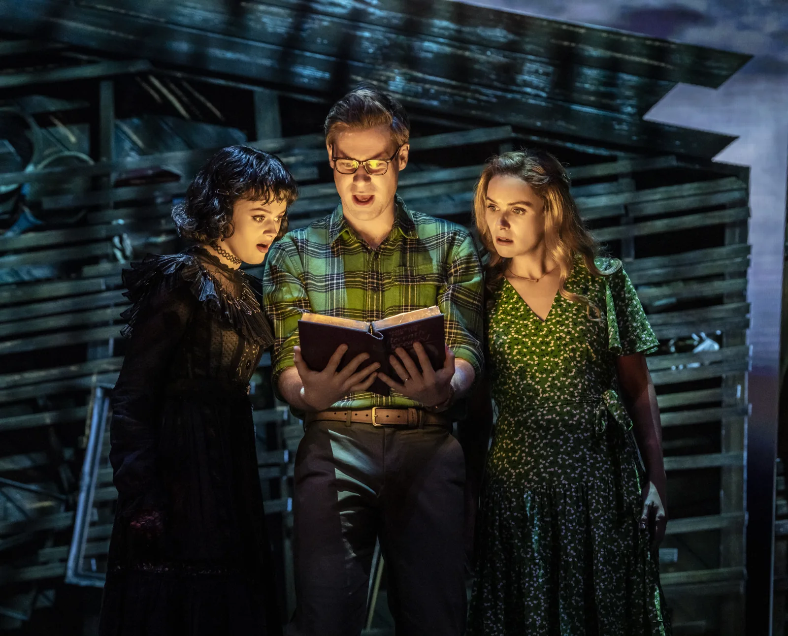 Hannah Nordberg, David Hunter and Chelsea Halfpenny read a book, Beetlejuice, Prince Edward Theatre