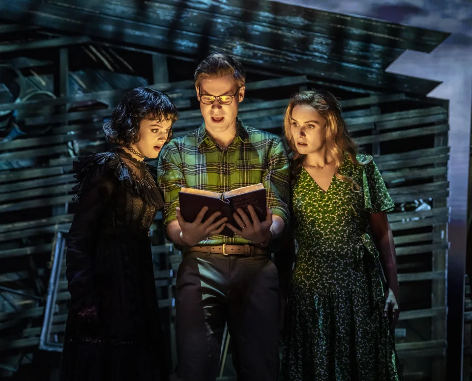 Hannah Nordberg, David Hunter and Chelsea Halfpenny read a book, Beetlejuice, Prince Edward Theatre