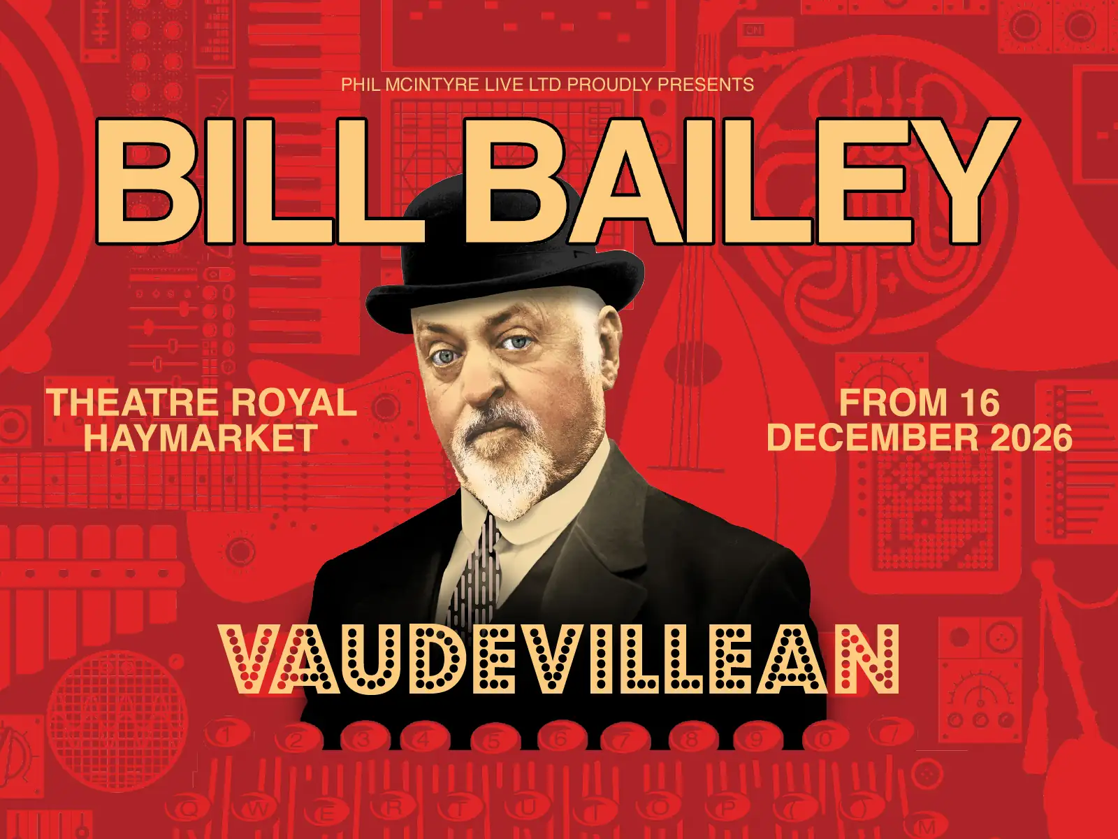 Man in black hat and coat in Bill Bailey at the Theatre Royal Haymarket