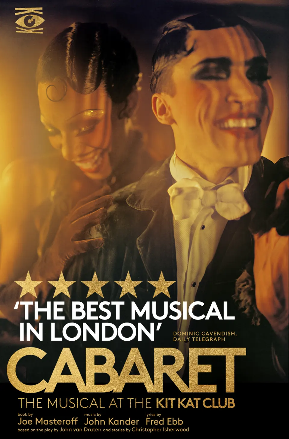 Two grinning, painted performers in gold light on the poster for Cabaret, Kit Kat Club
