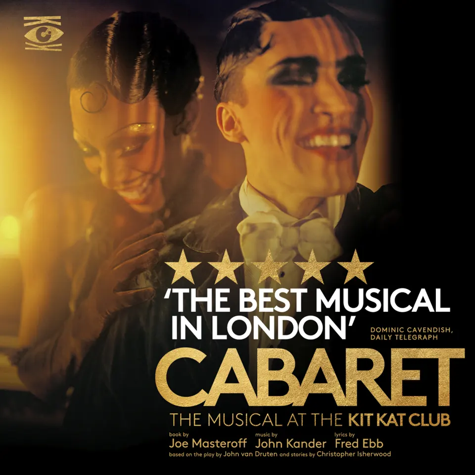 Square poster: two painted, grinning performers above the gold title, Cabaret, Kit Kat Club