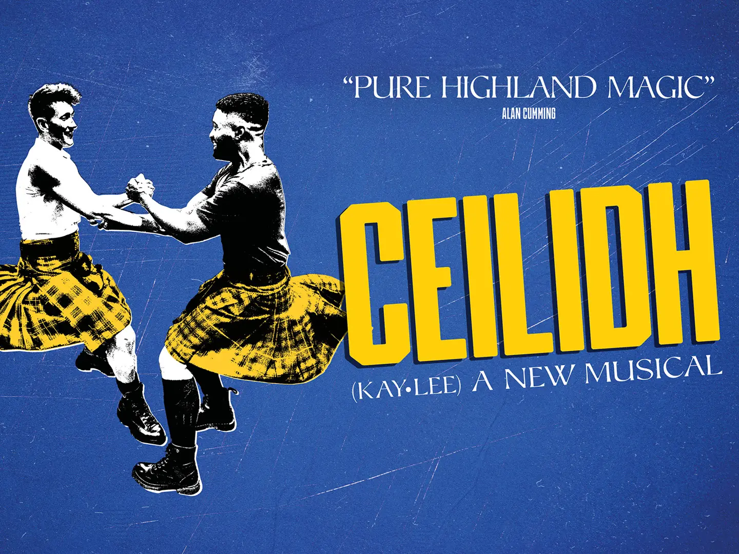 Two men perform Highland dance in Ceilidh The Musical at the Shoreditch Town Hall