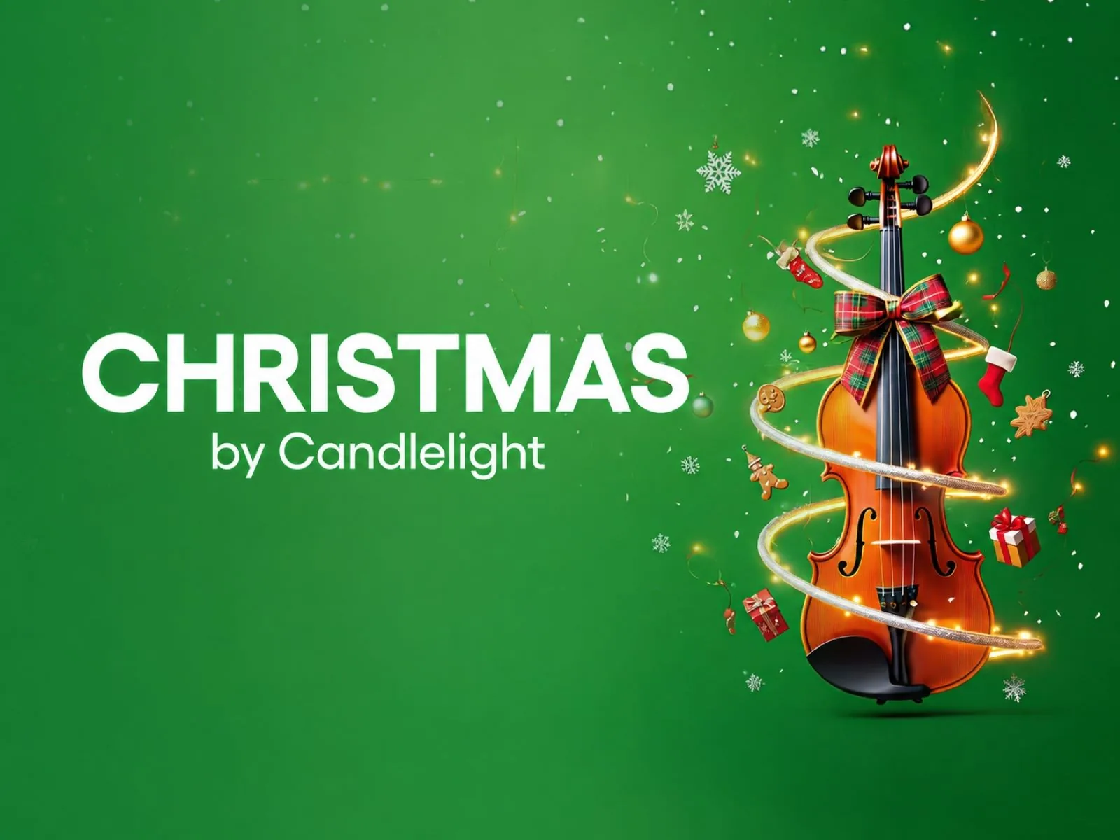 Violin decorated as Christmas tree with lights in Christmas by Candlelight at The Actors' Church