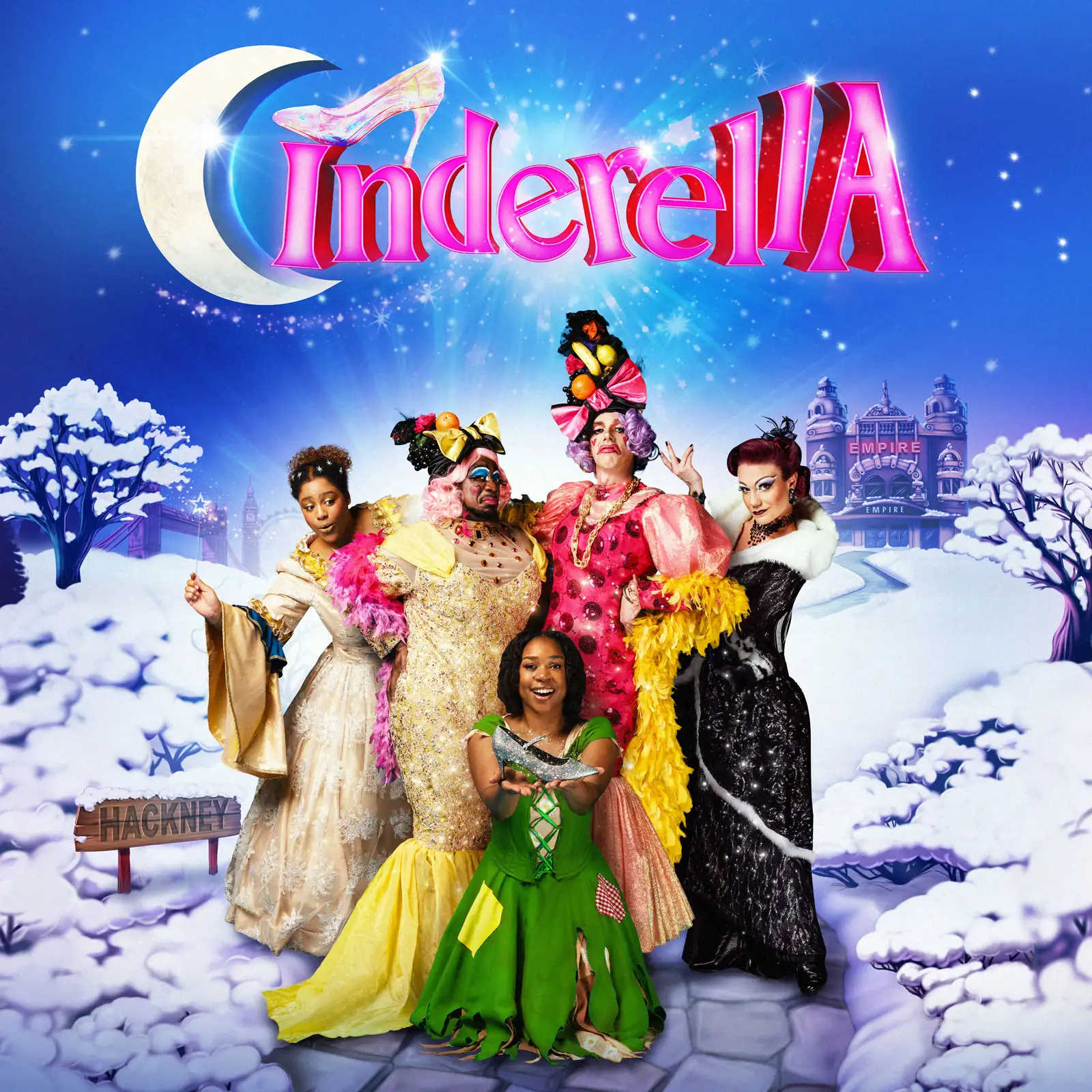 Cast in colourful costumes against snowy fantasy backdrop in Cinderella at the Lyric Hammersmith