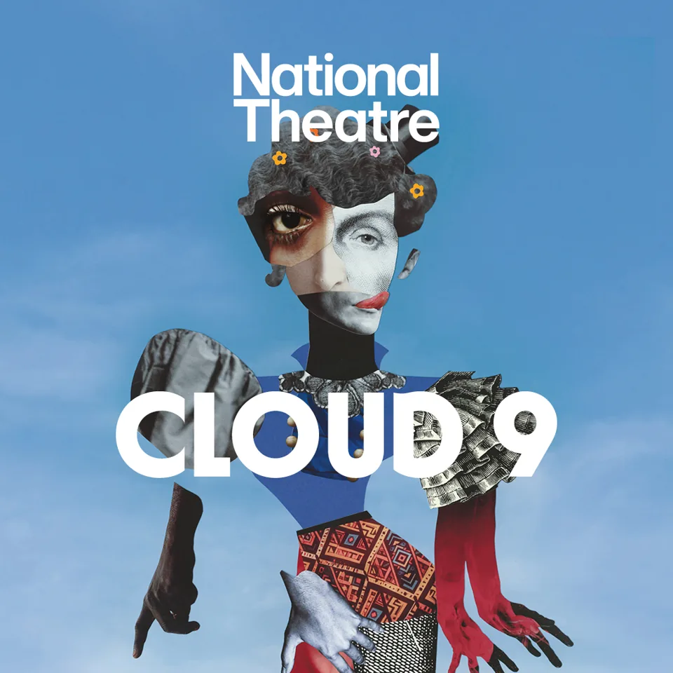 Stylised figure in patchwork costume against blue sky in Cloud 9 at the Lyttelton Theatre