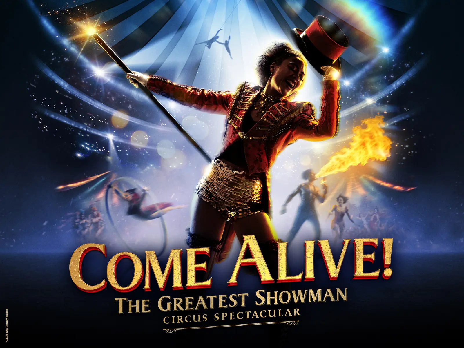 Wide Come Alive! poster: a ringmaster, a fire-breather and acrobats under circus lights, Empress Museum