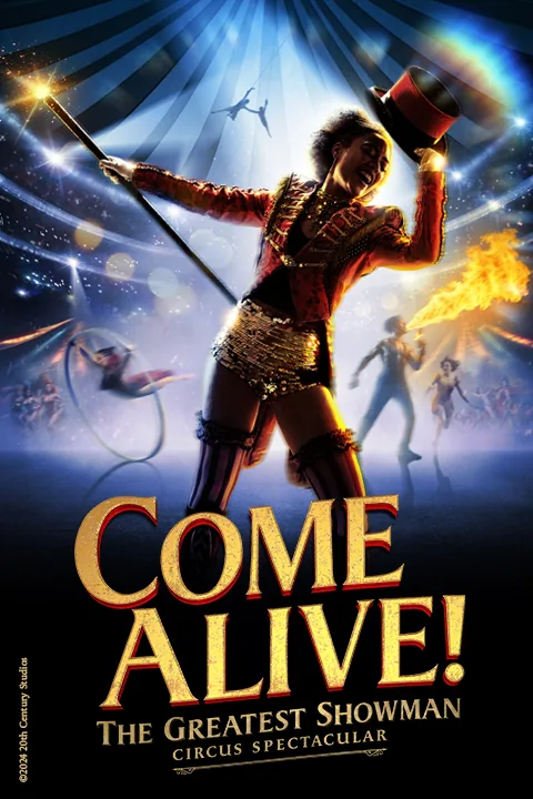 A top-hatted ringmaster raises a cane amid fire and acrobats, Come Alive!, Empress Museum