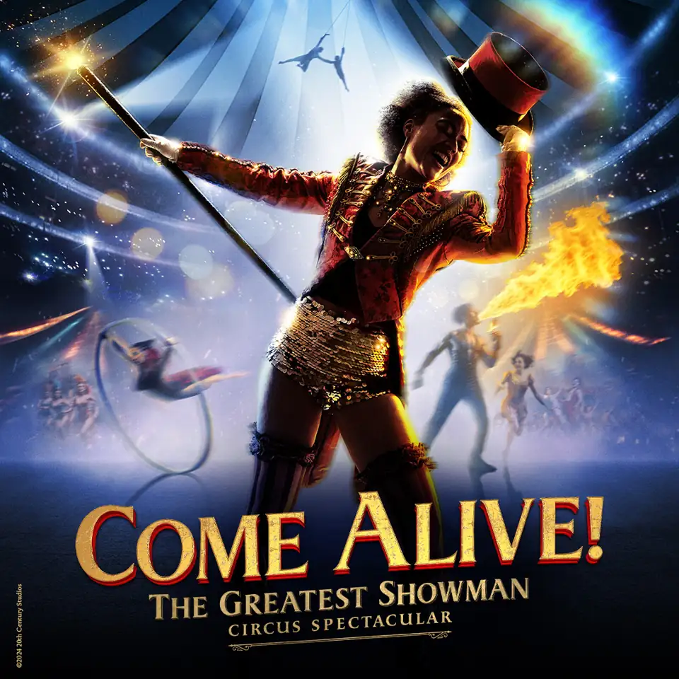 Square Come Alive! poster with a top-hatted ringmaster and circus performers, Empress Museum