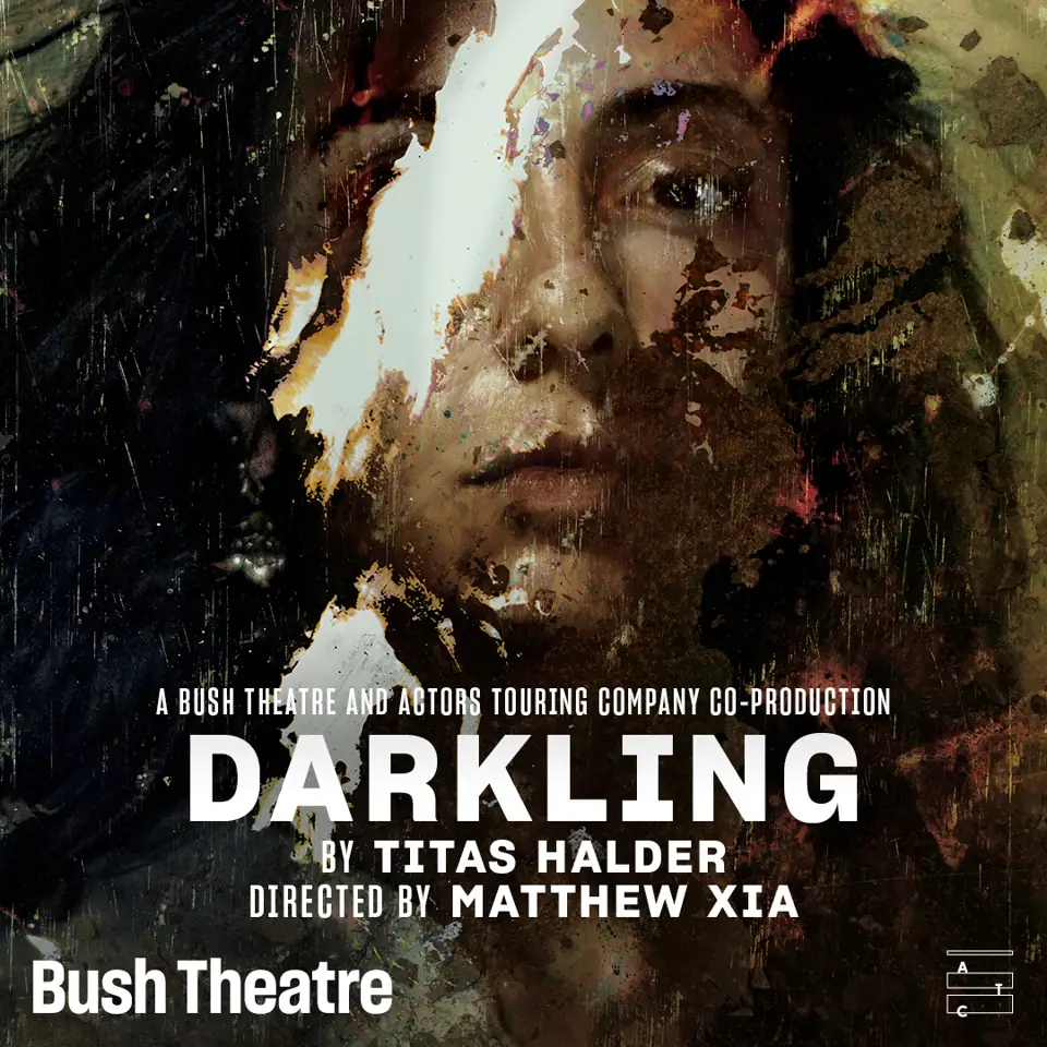 Weathered male face emerging from dark paint-splattered abstraction in Darkling at the Bush Theatre