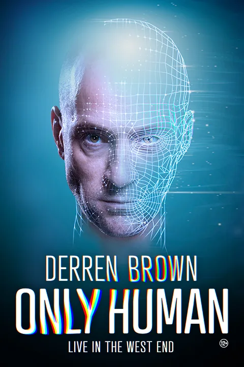 A man's face as digital wireframe mesh in Derren Brown at the Apollo Theatre