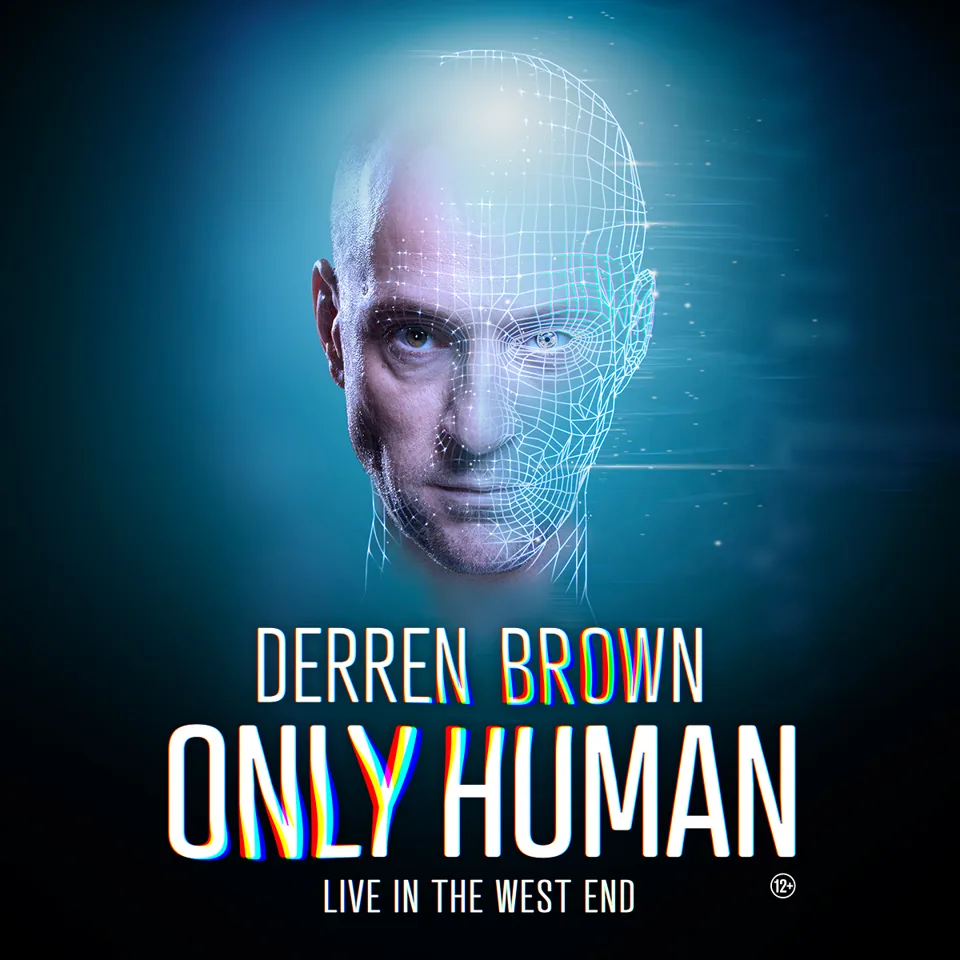 Man's face with digital wireframe mesh glowing blue in Derren Brown at the Apollo Theatre