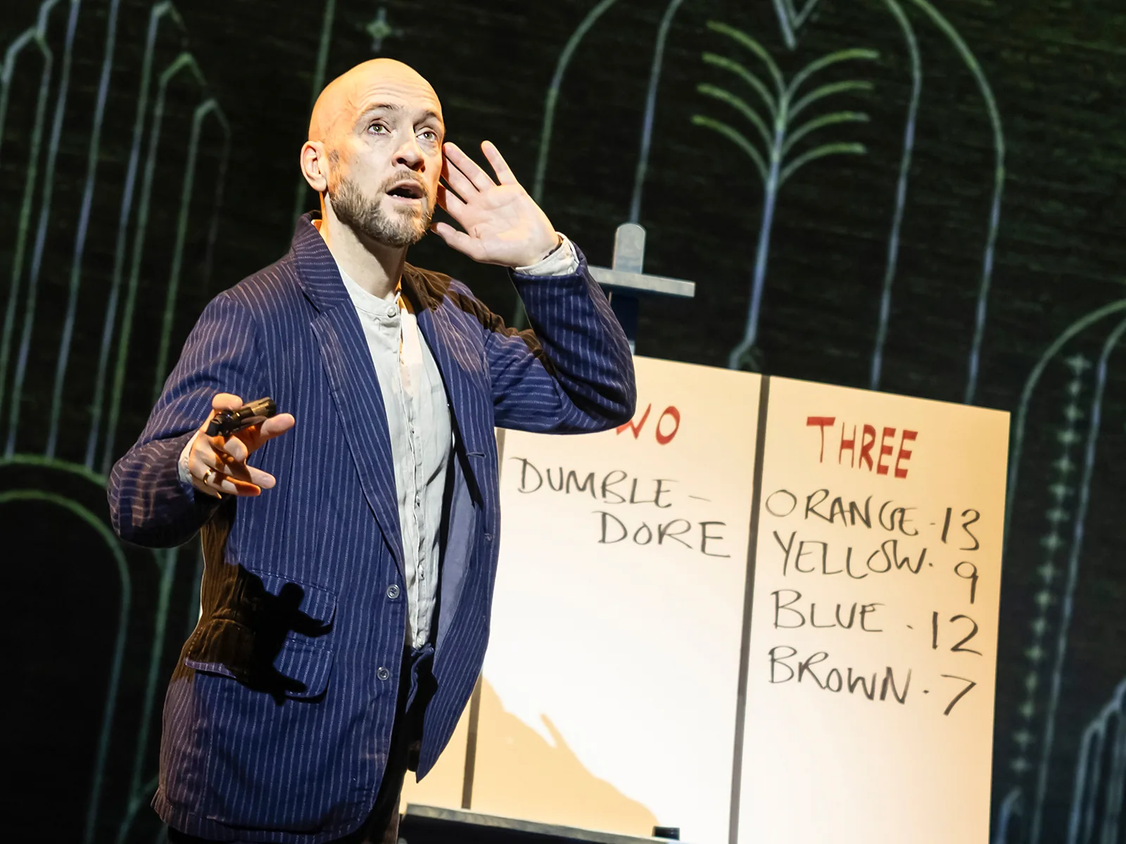 Derren Brown cups his ear beside a board reading Dumbledore and a list of colours, Only Human at the Apollo Theatre