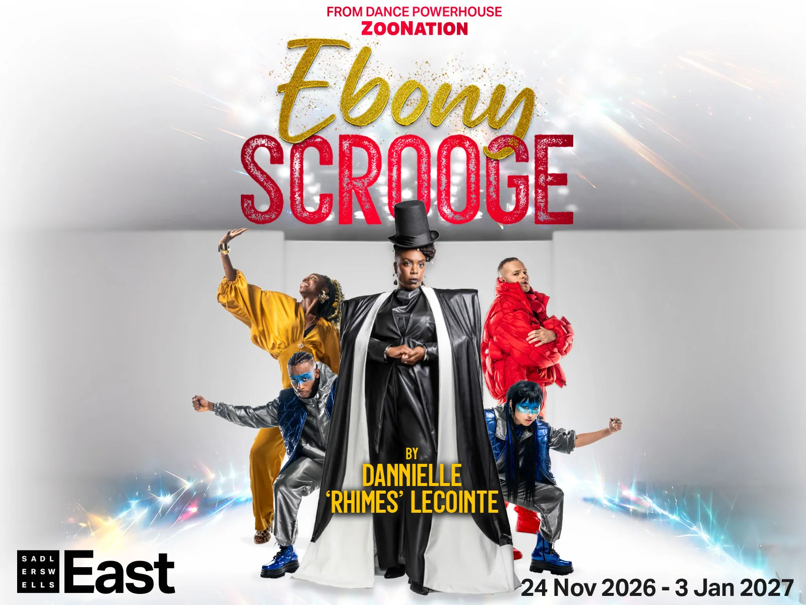 Five performers in bold costumes against luminous backdrop in Ebony Scrooge at Sadler's Wells East