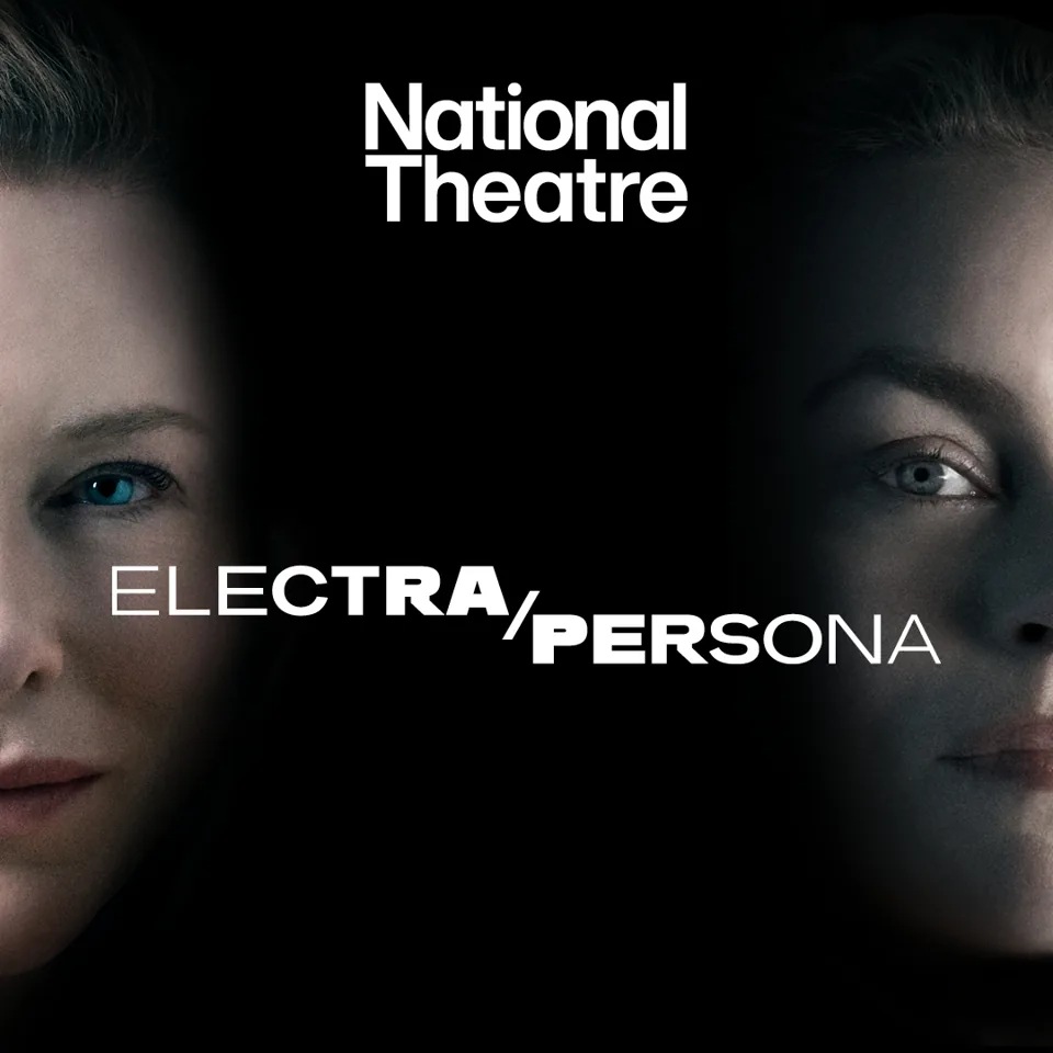 Two close-up faces against black background for Electra/Persona at the National Theatre, Lyttelton.