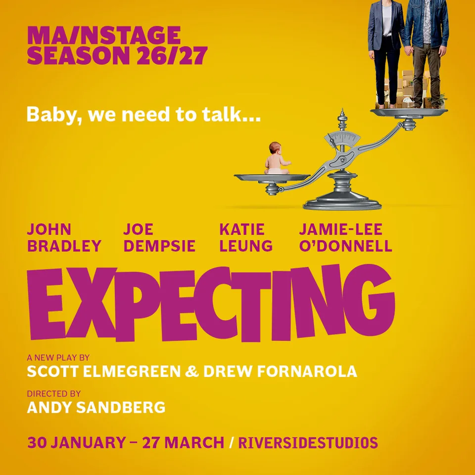 Two figures on a scale with a baby in Expecting at the Riverside Studios