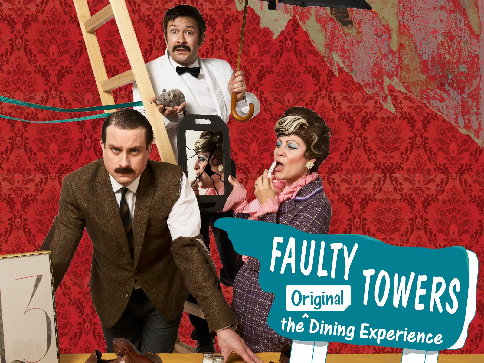 Three performers in 1970s costume in Faulty Towers The Dining Experience at the President Hotel