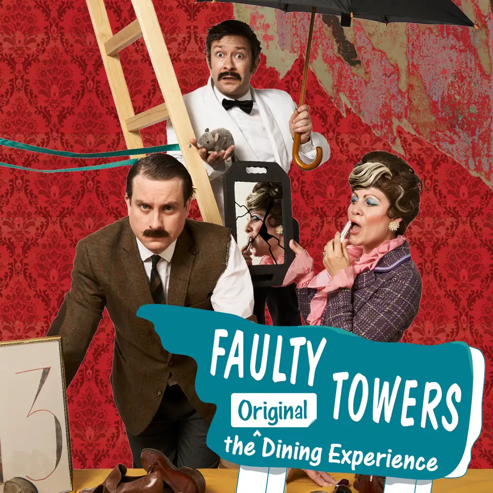 Three performers in Faulty Towers The Dining Experience at the President Hotel