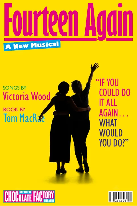 Two silhouetted figures with raised arms in Fourteen Again at the Menier Chocolate Factory
