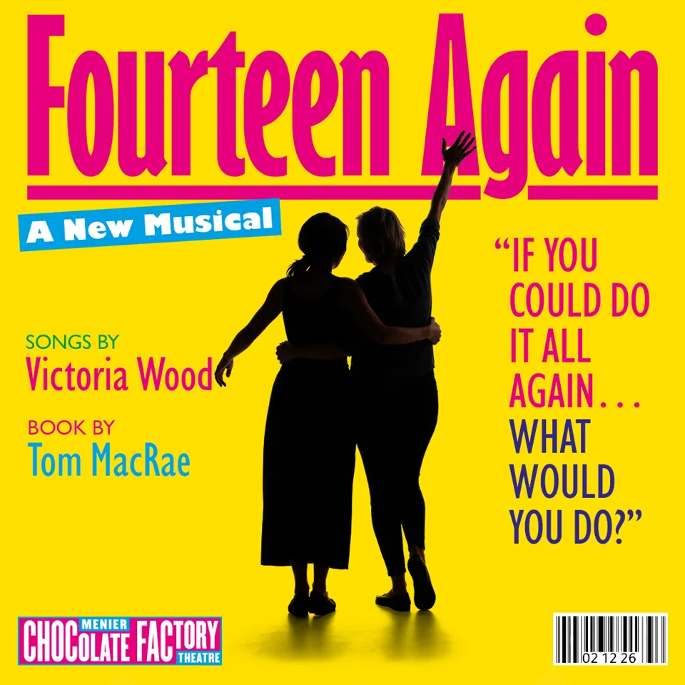 Two women silhouettes embracing with raised fist in Fourteen Again at the Menier Chocolate Factory