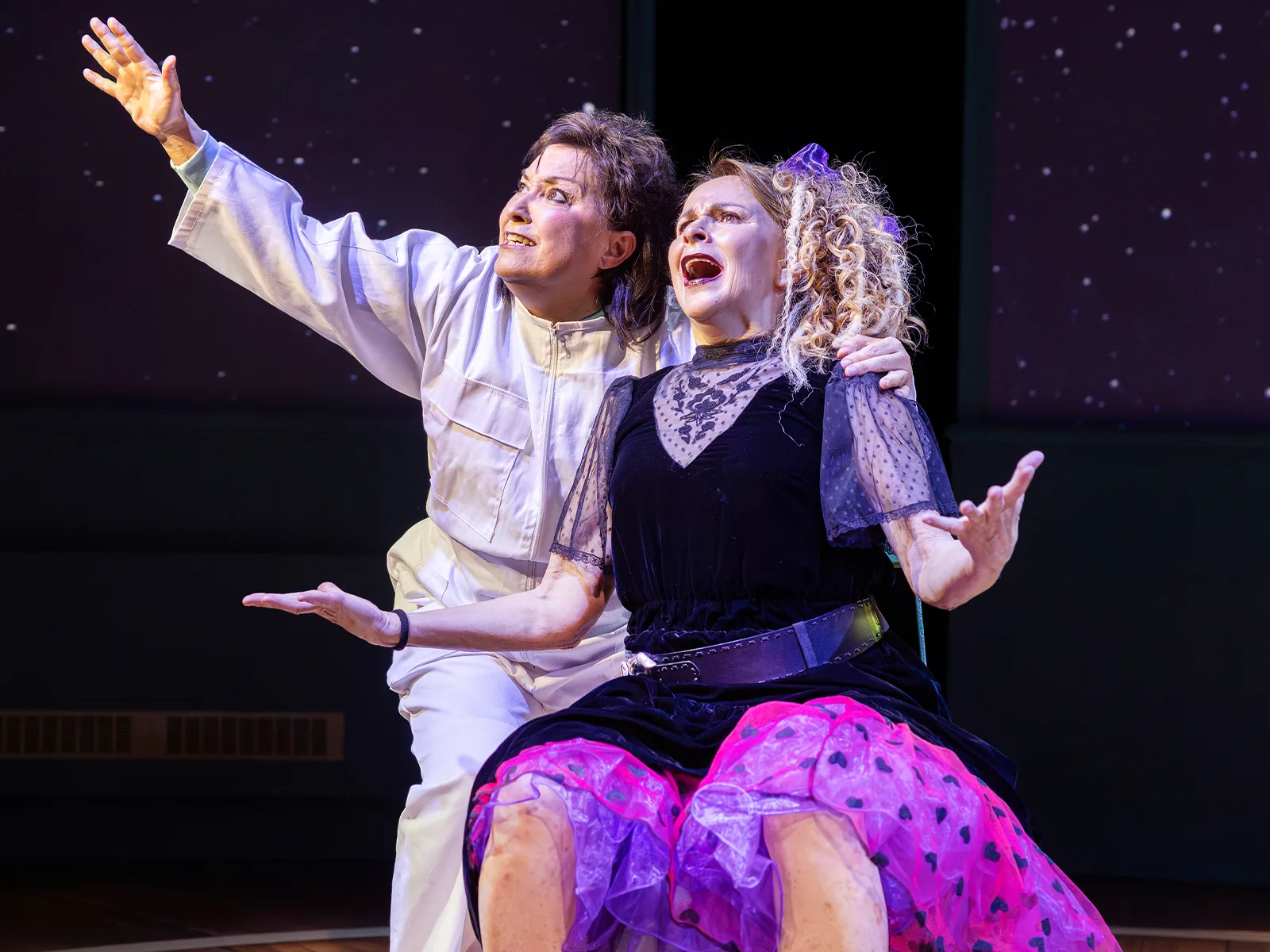 Ria Jones and Sally Ann Triplett sing under a starry sky, Fourteen Again, Menier
