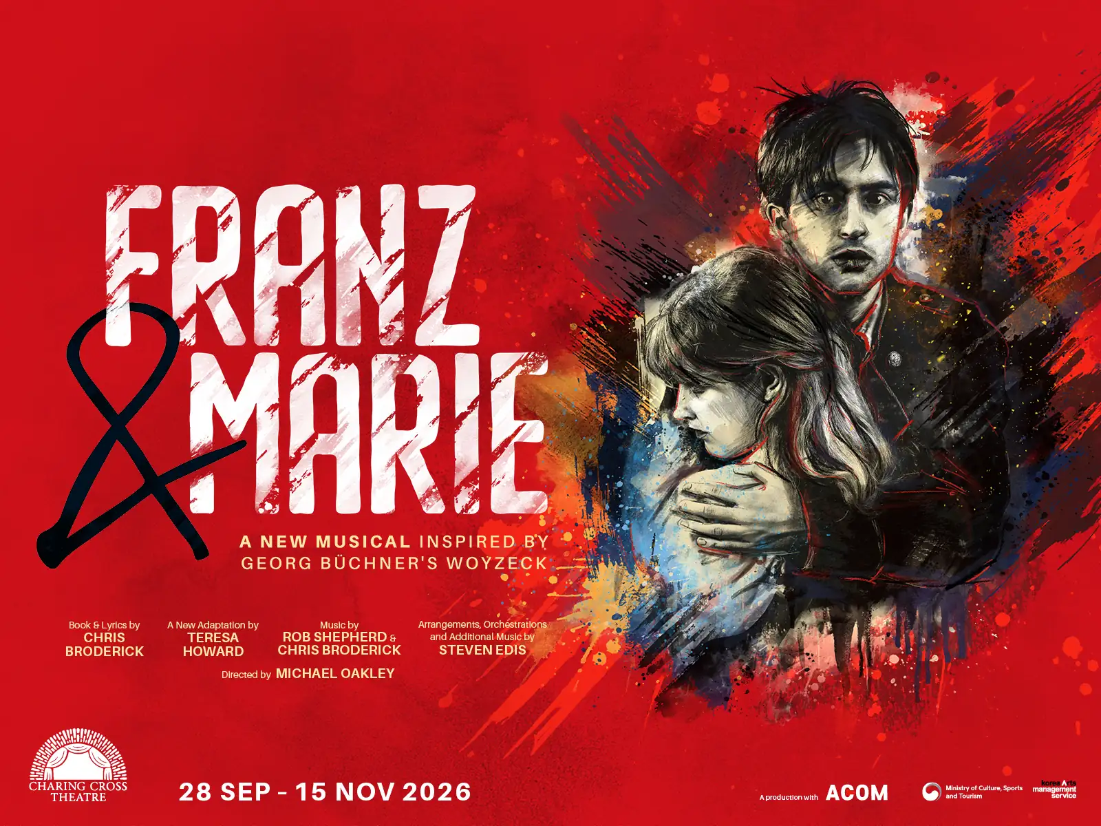 Two figures against red background in Franz & Marie at the Charing Cross Theatre