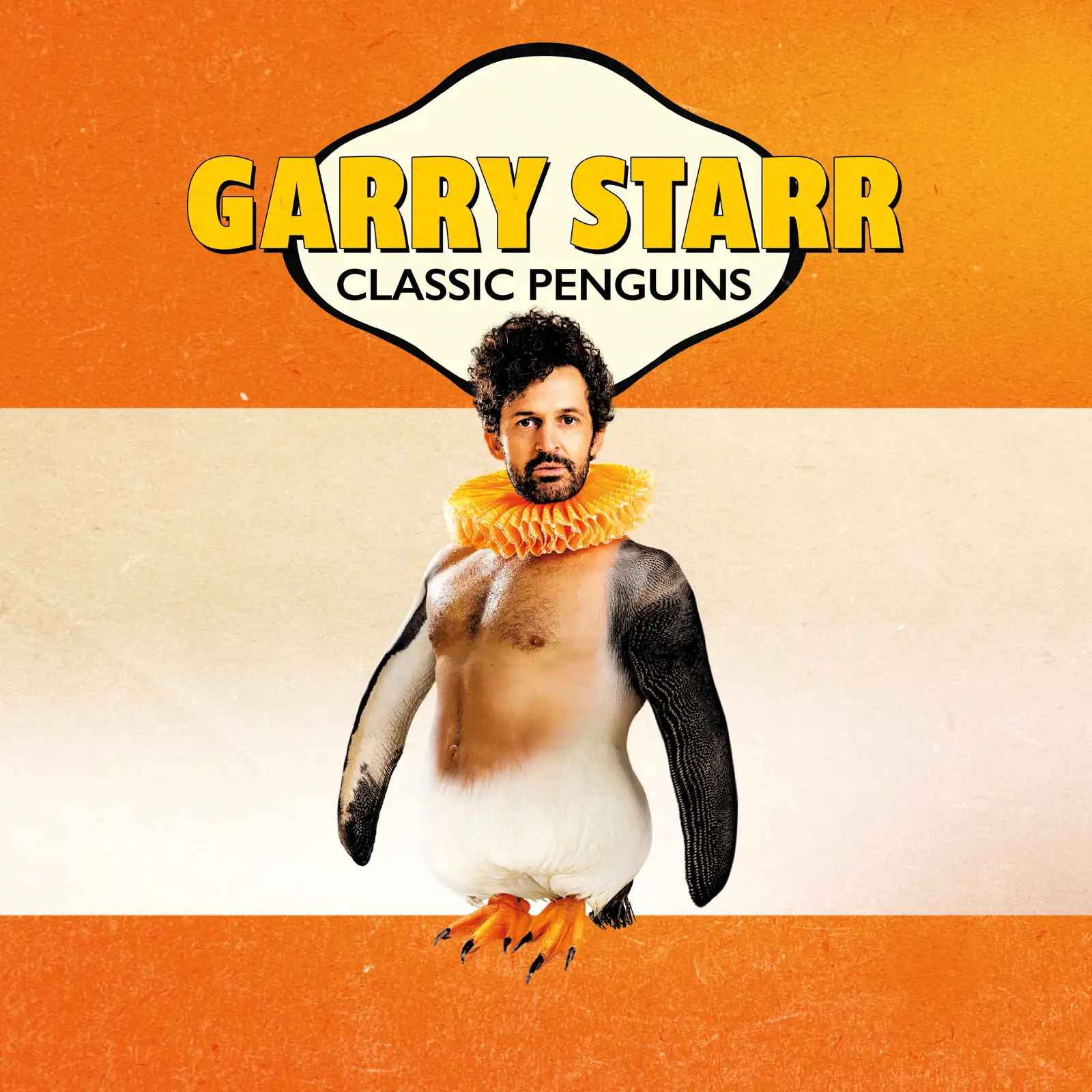 A man transformed as a penguin wearing an orange ruff collar in Garry Starr Classic Penguins at the The Other Palace - Main Theatre