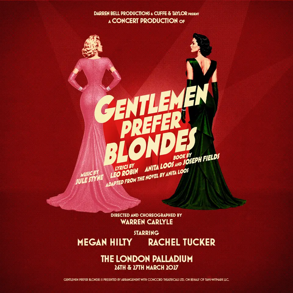 Two women in evening gowns, red background in Gentlemen Prefer Blondes at London Palladium