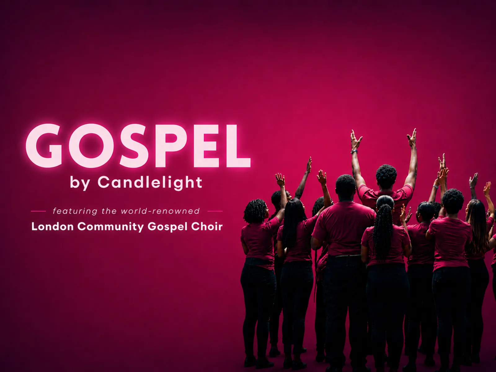 Gospel by Candlelight poster: silhouetted choir members with raised arms against a vibrant pink background.