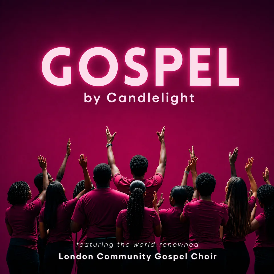 Silhouetted choir with raised arms in Gospel by Candlelight at the Round Chapel, Hackney