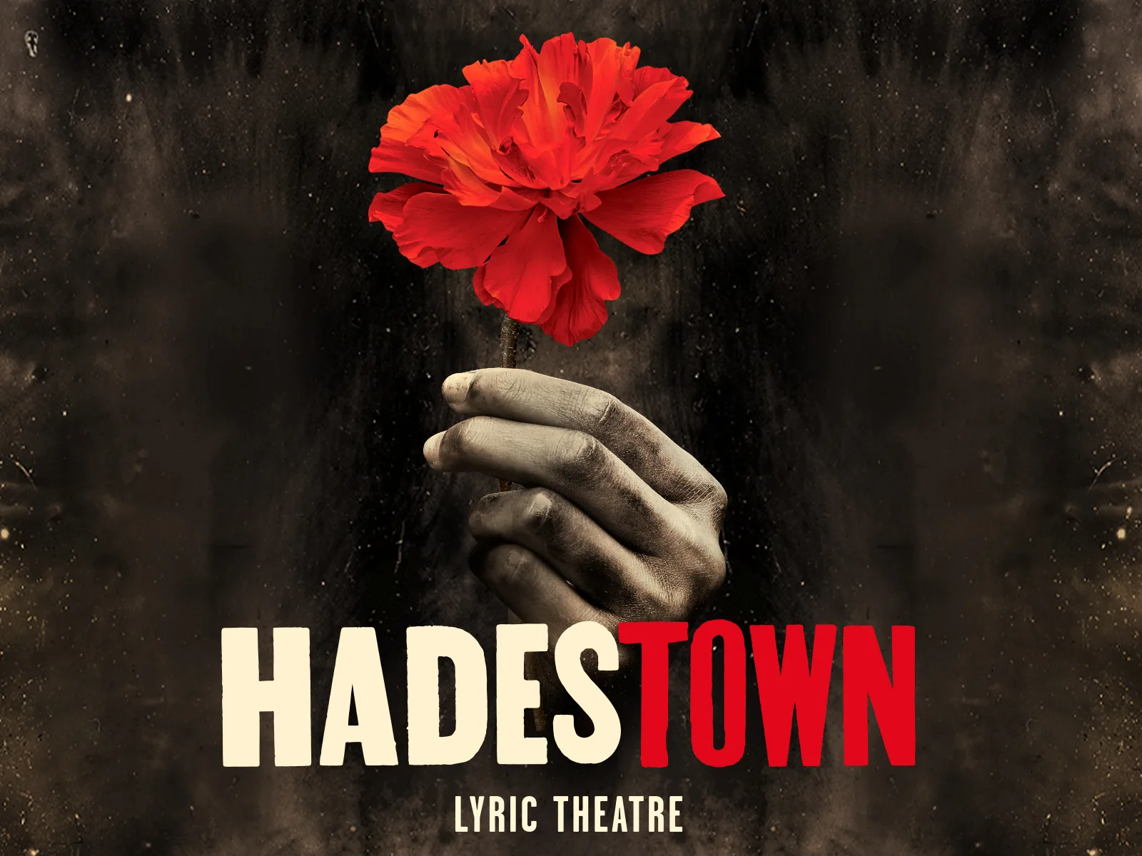Wide artwork with the red rose Hadestown logo, Lyric Theatre